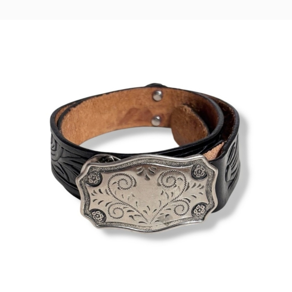 JUSTIN Black Tooled Top Grain Leather Belt Silver Tone Buckle & Accents